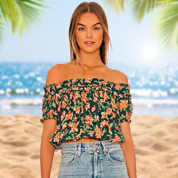 Free People Off Shoulder Crop Top Floral Blouse Suki Garden Combo Smocked XS NWT - Picture 1 of 12